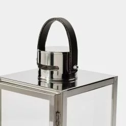 Soren Silver Lantern With Brown Faux Leather Handle