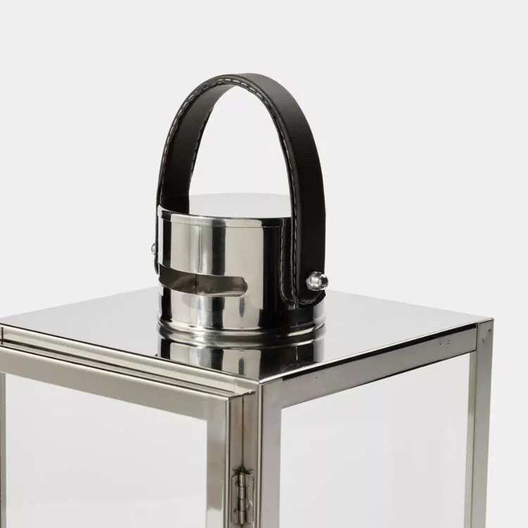 Soren Silver Lantern With Brown Faux Leather Handle 3 Soren Silver Lantern With Brown Faux Leather Handle